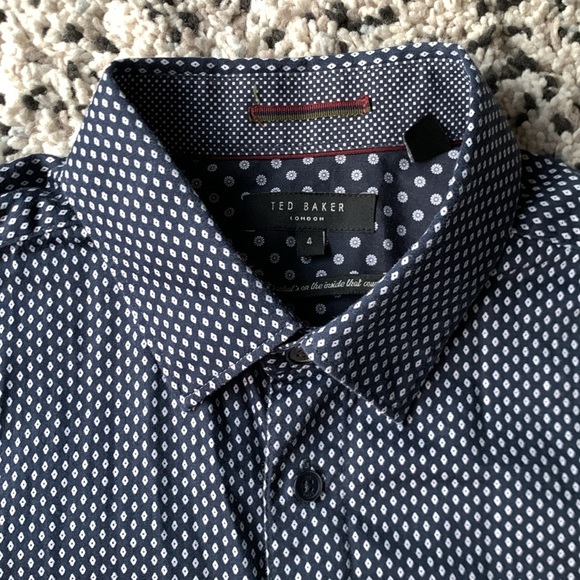 Ted Baker London Short Sleeve Shirt Button Down Casual Dress Navy Blue White 4 L - Picture 4 of 13
